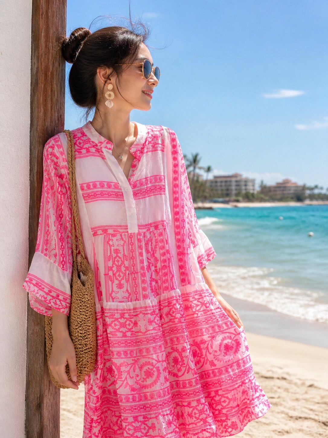 TDNGM Neon Geometric Embroidered Midi Dress — Neon Pink
