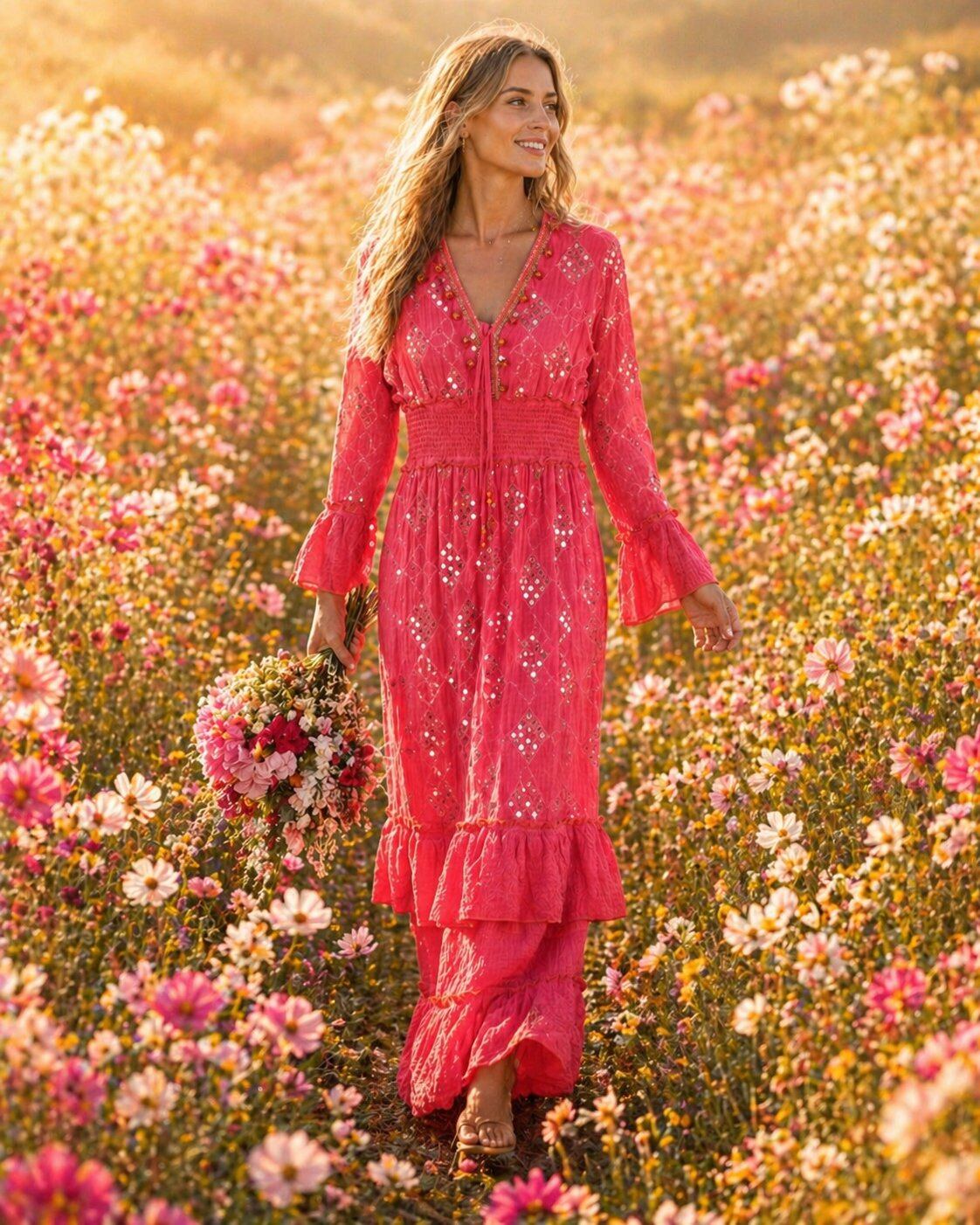 TDSQM Sequin Embroidered Maxi Dress — Red