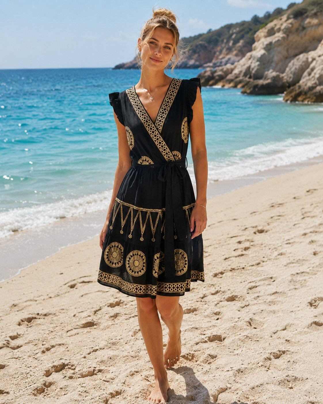 TDWPE Wrap Eyelet Midi Dress — Black