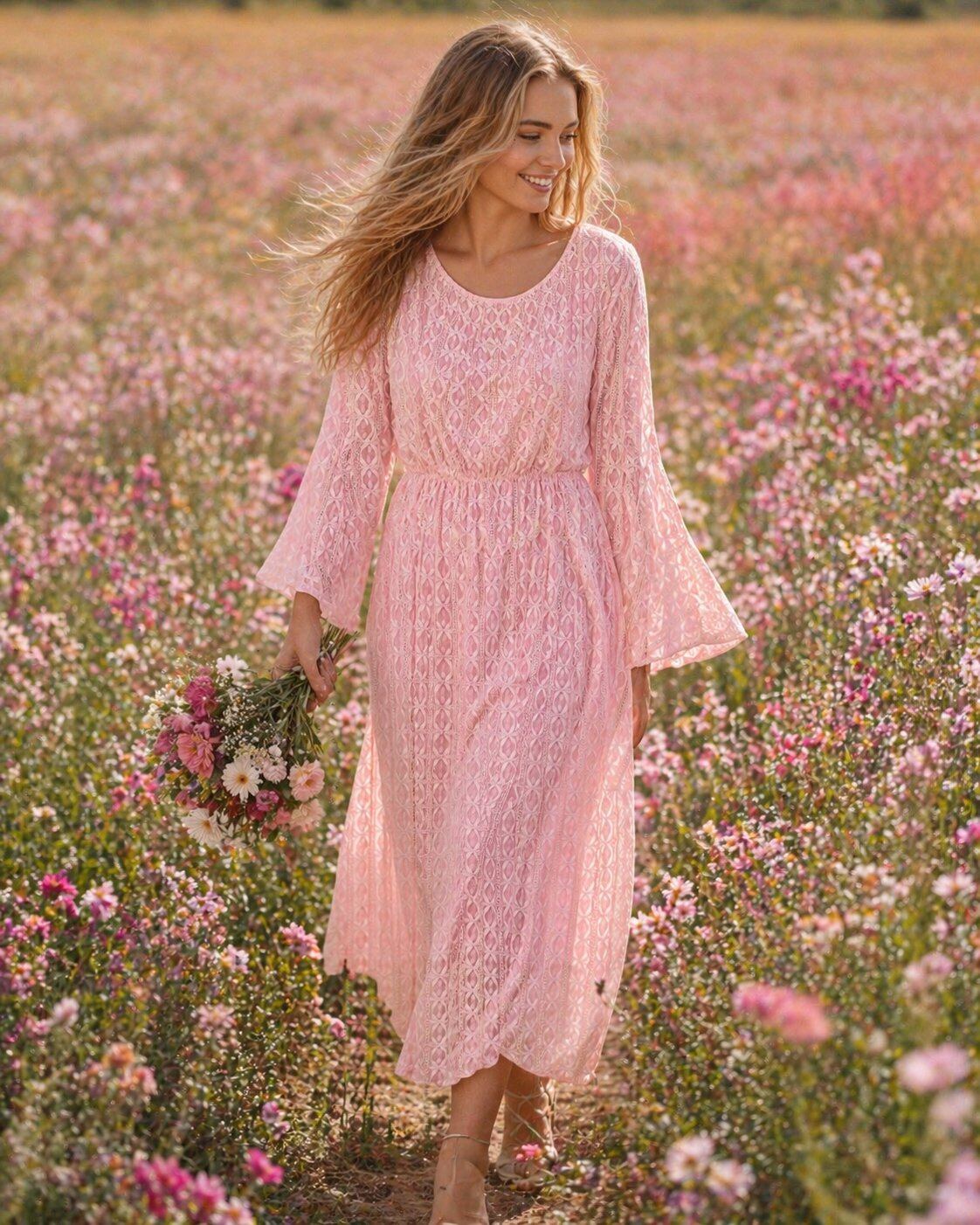 TDLSM Lace Flared-Sleeve Midi Dress — Pink