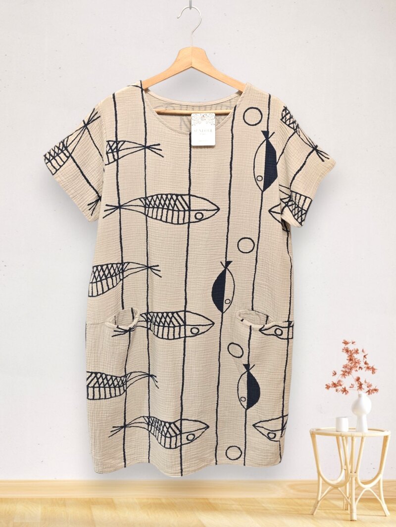 LSFSHBG Fish Print Gauze Cotton Midi Dress Beige