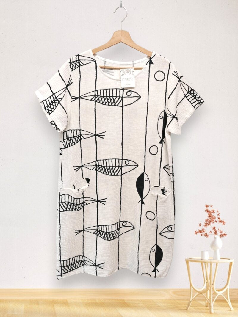 LSFSHWH Fish Print Gauze Cotton Midi Dress White