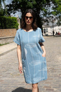 LSFSHDN Fish Print Gauze Cotton Midi Dress Denim