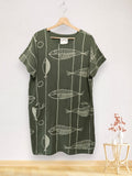 LSFSHKH Fish Print Gauze Cotton Midi Dress Khaki