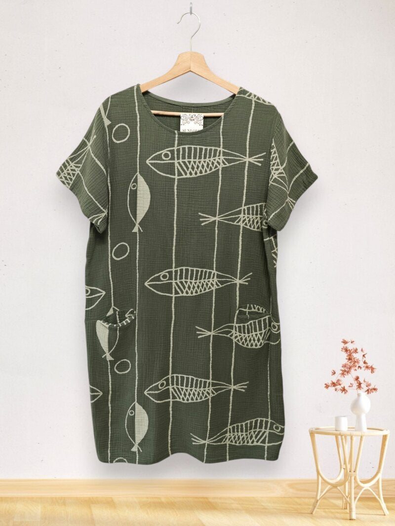 LSFSHKH Fish Print Gauze Cotton Midi Dress Khaki
