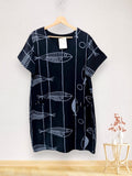 LSFSHNV Fish Print Gauze Cotton Midi Dress Navy