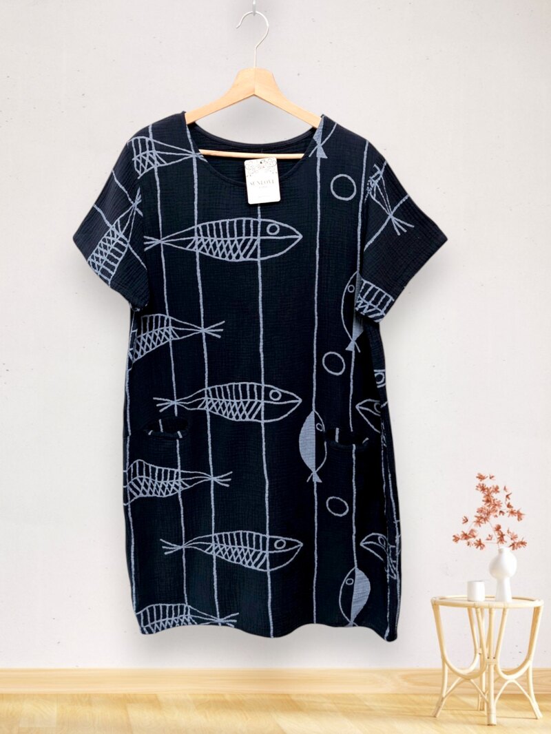 LSFSHNV Fish Print Gauze Cotton Midi Dress Navy