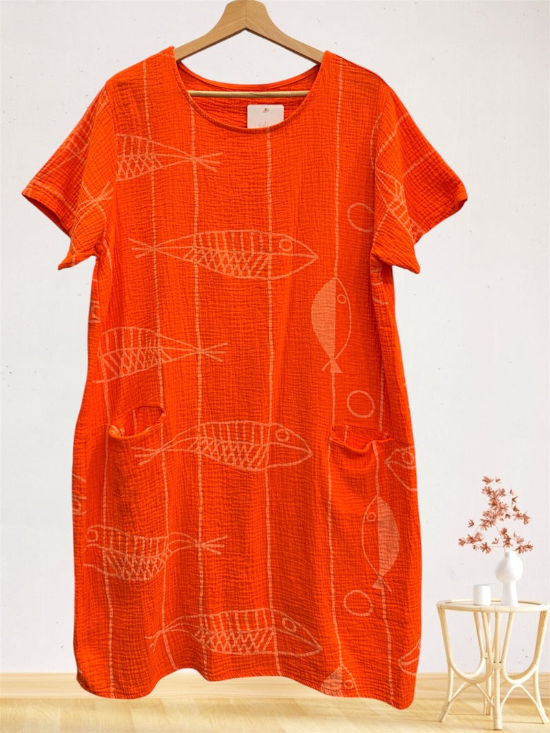 LSFSHOR Fish Print Gauze Cotton Midi Dress Orange