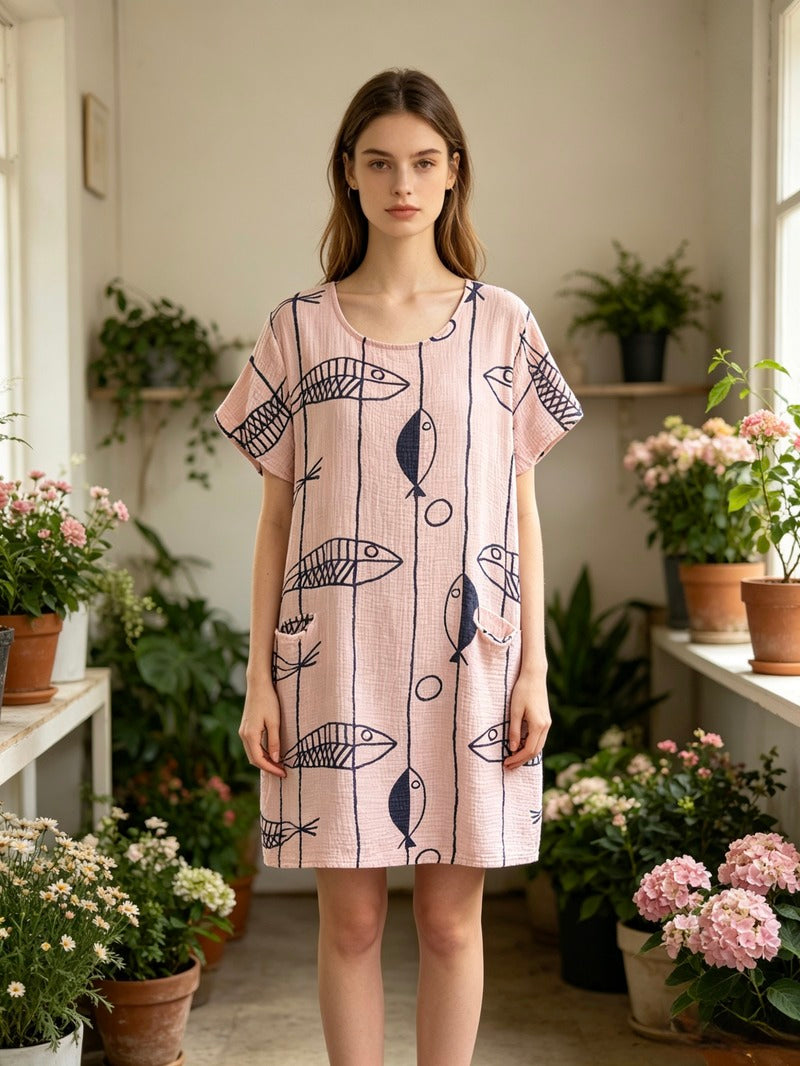 LSFSHPK Fish Print Gauze Cotton Midi Dress Pink