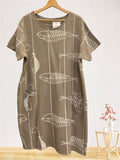 LSFSHTP Fish Print Gauze Cotton Midi Dress Taupe