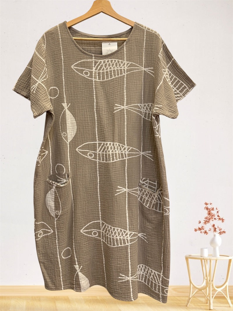 LSFSHTP Fish Print Gauze Cotton Midi Dress Taupe