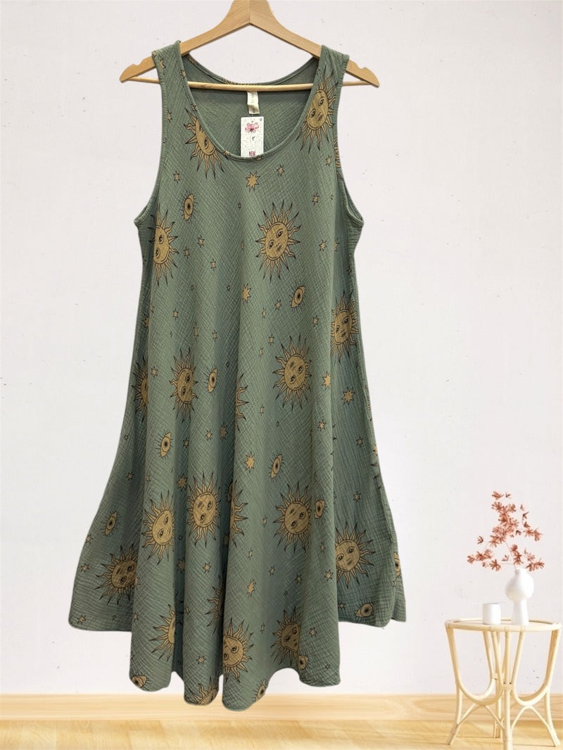 LSSSTKH Sun and Star Print Gauze Cotton Midi Dress Khaki
