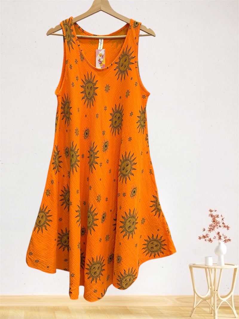 LSSSTOR Sun and Star Print Gauze Cotton Midi Dress Orange