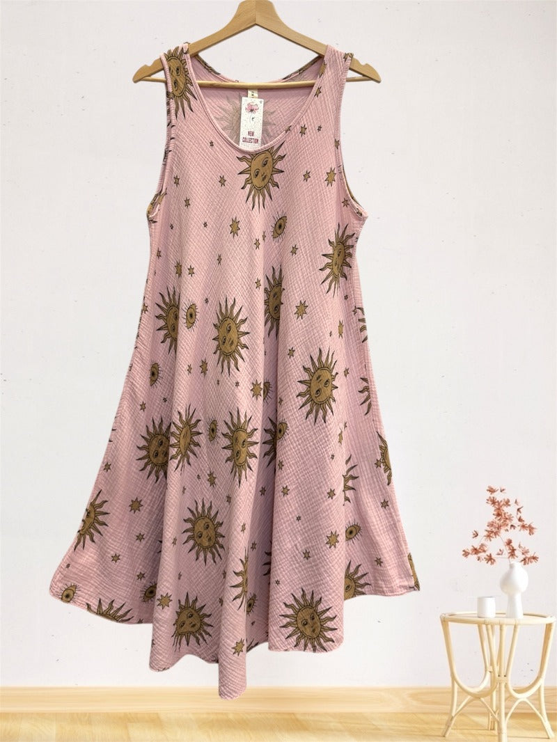 LSSSTPK Sun and Star Print Gauze Cotton Midi Dress Pink