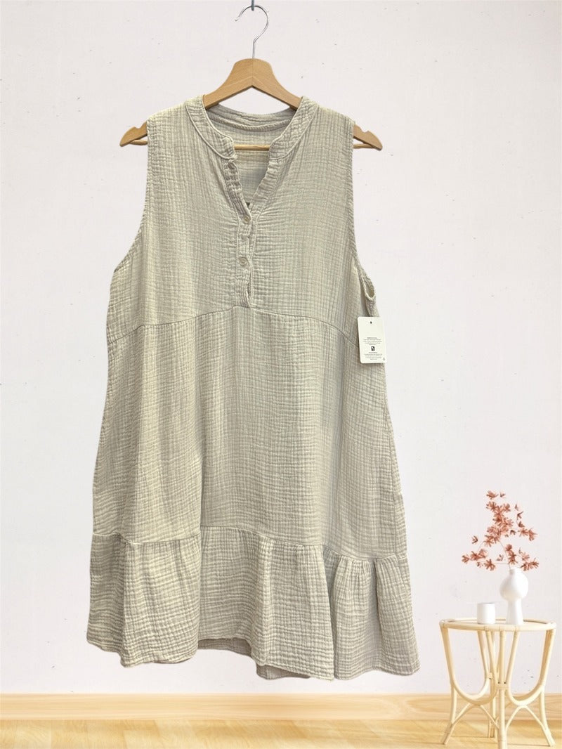 LSRMDBG Ruffled Gauze Cotton Midi Dress Beige