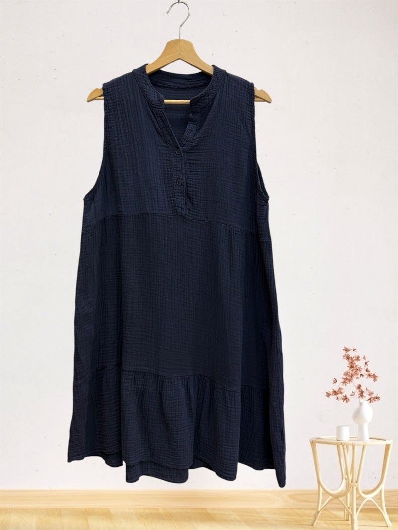 LSRMDNV Ruffled Gauze Cotton Midi Dress Navy