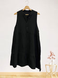 LSRMDBK Ruffled Gauze Cotton Midi Dress Black