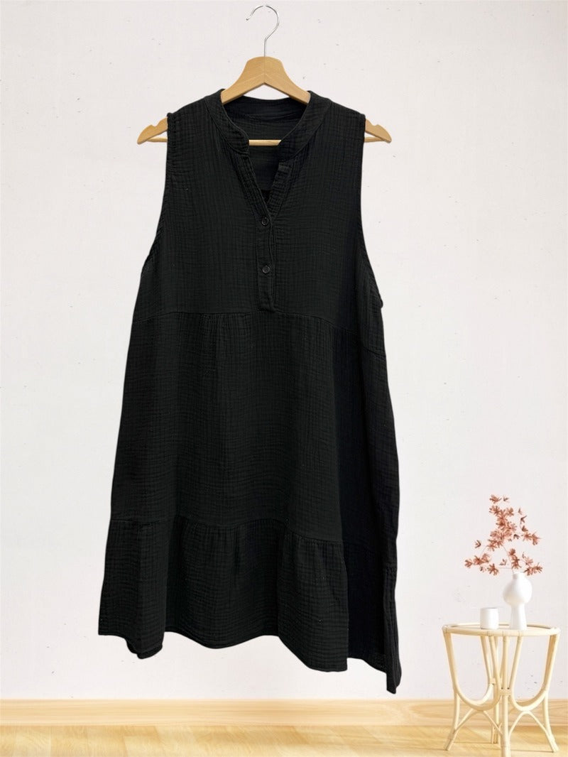 LSRMDBK Ruffled Gauze Cotton Midi Dress Black