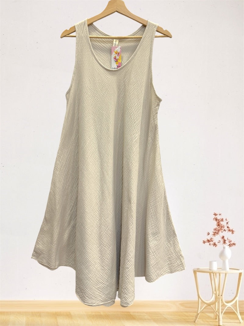 LSALNBG A-Line Gauze Cotton Midi Dress Beige