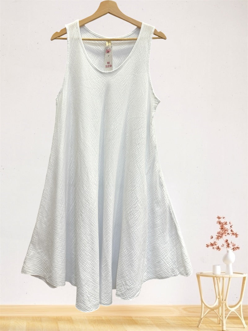 LSALNWH A-Line Gauze Cotton Midi Dress White