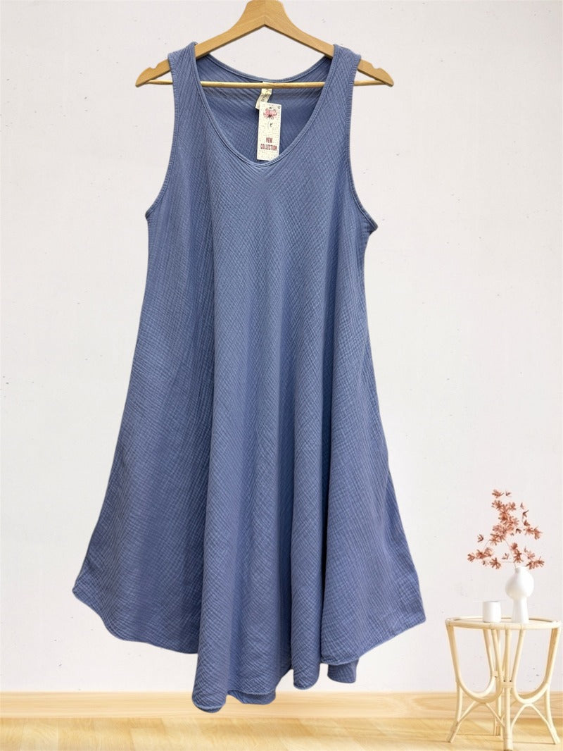 LSALNDN A-Line Gauze Cotton Midi Dress Denim