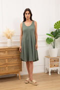 LSALNKH A-Line Gauze Cotton Midi Dress Khaki