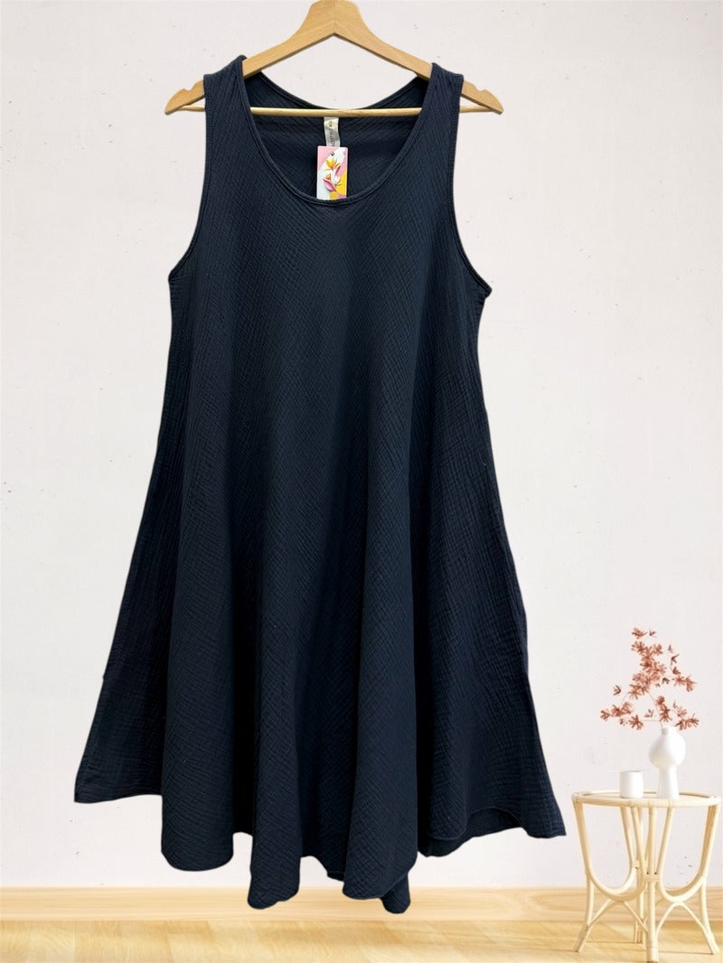 LSALNNV A-Line Gauze Cotton Midi Dress Navy
