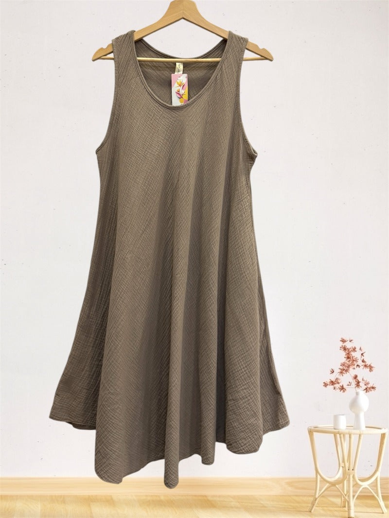 LSALNTP A-Line Gauze Cotton Midi Dress Taupe