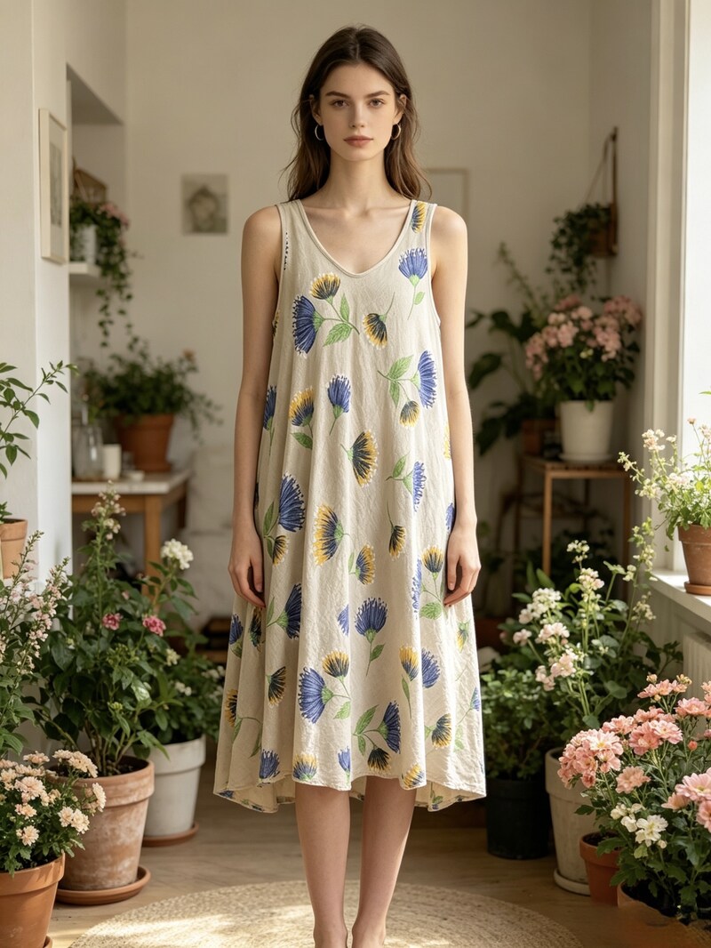 LSFGCBG Floral Gauze Cotton Dress Beige