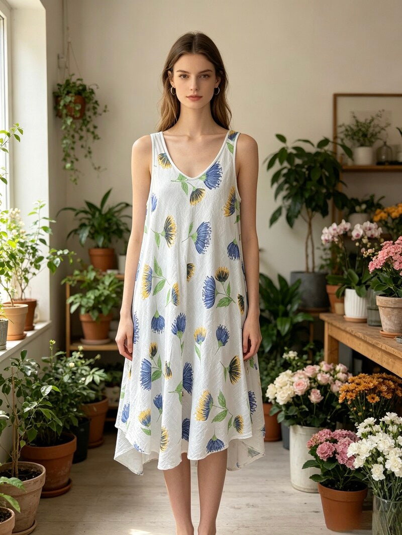 LSFGCWH Floral Gauze Cotton Dress White