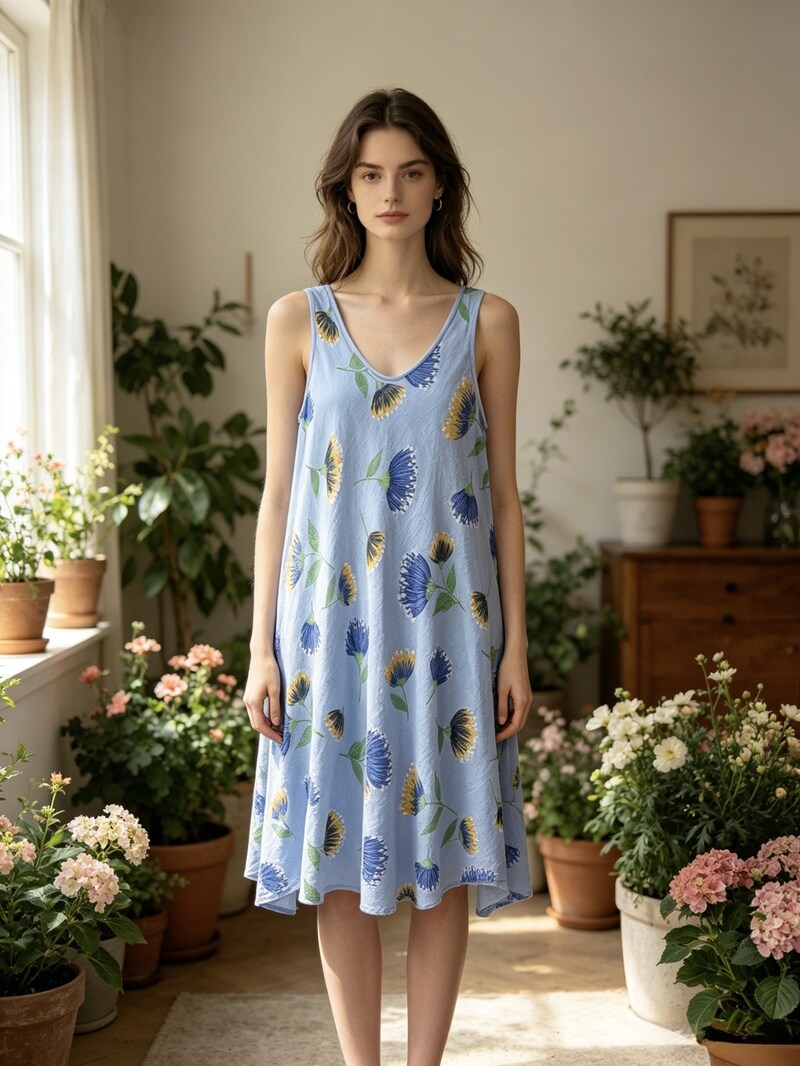 LSFGCSB Floral Gauze Cotton Dress Sky Blue