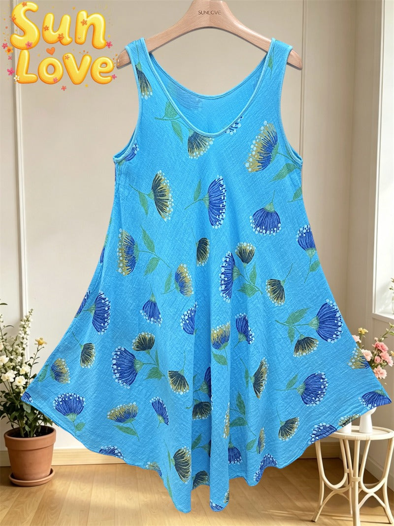 LSFGCCY Floral Gauze Cotton Dress Cyan