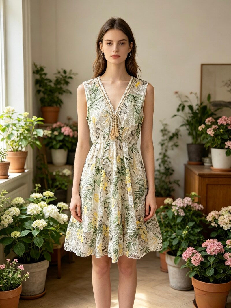 LSLACKH Printed Lace Dress Khaki