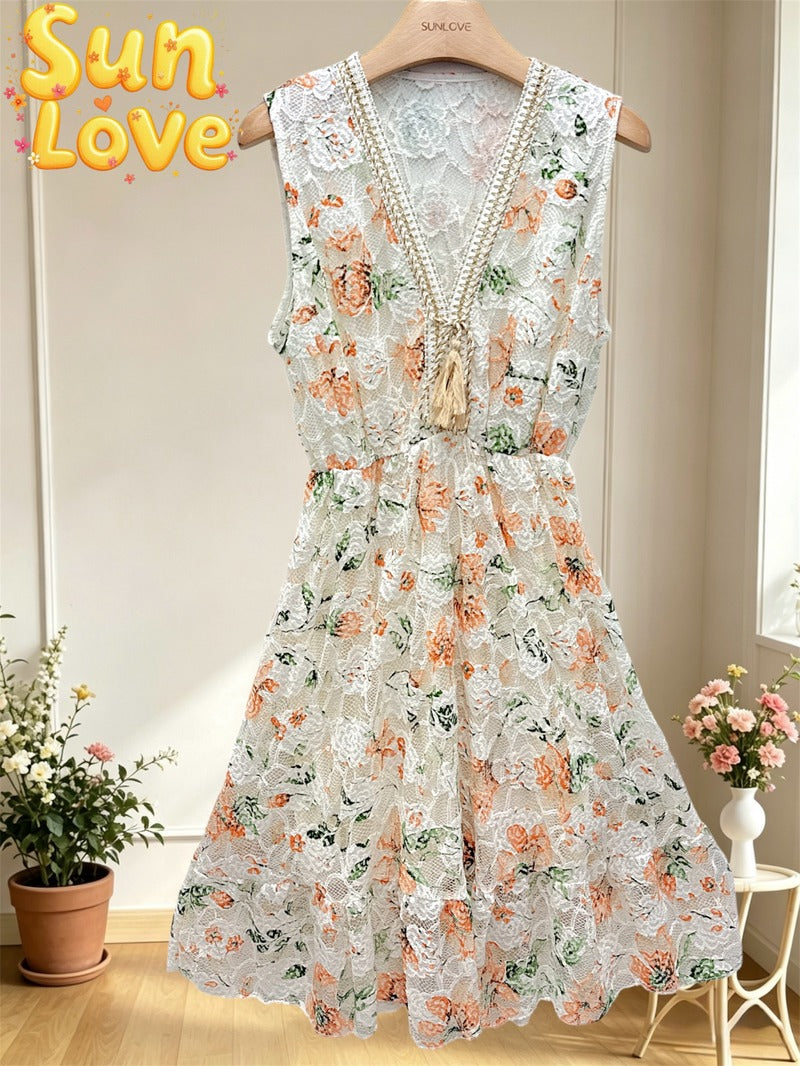 LSLACOR Printed Lace Dress Orange