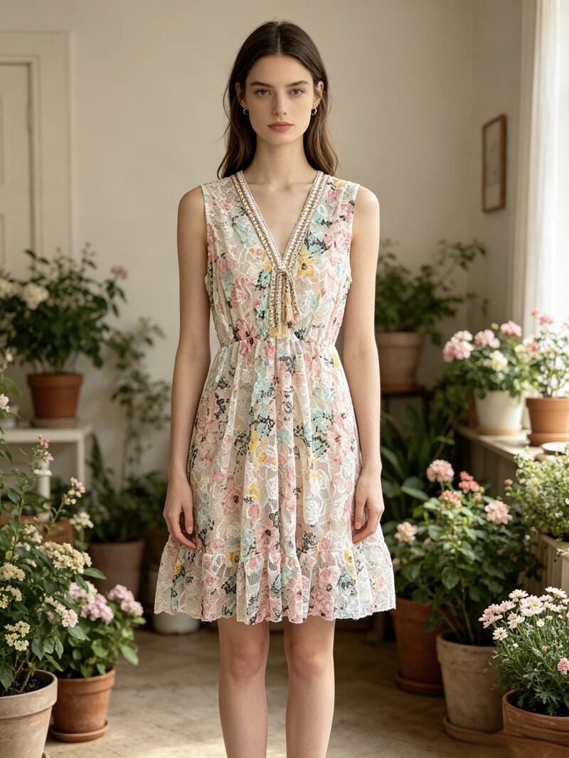 LSLACPK Printed Lace Dress Pink