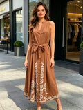 VLSEDBR Sleeveless Embroidered Dress Brown