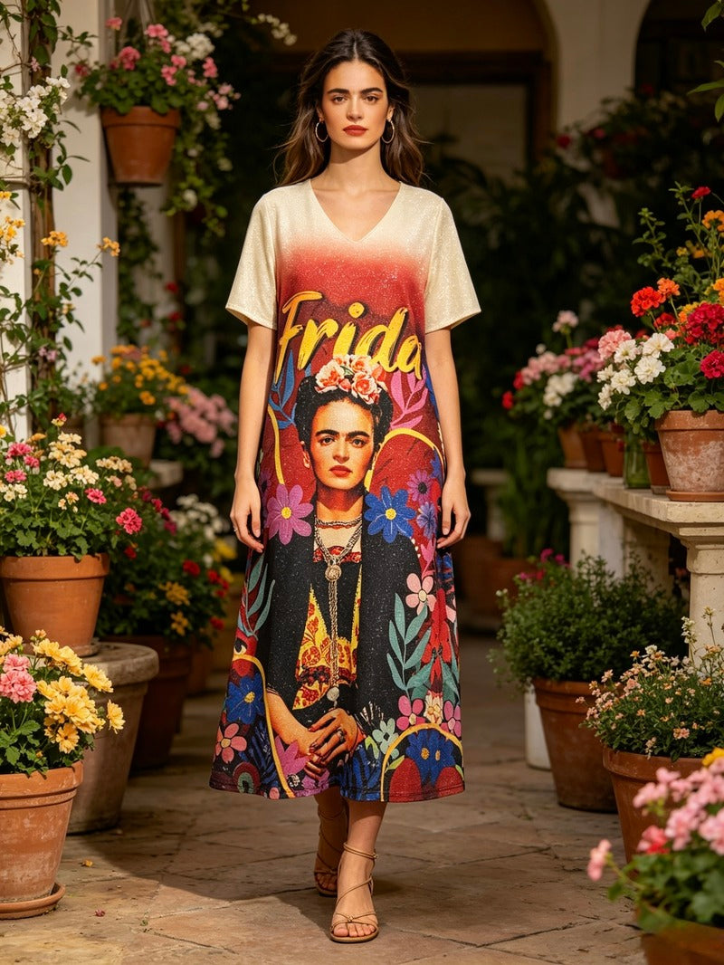 LSFREBG Frida Vintage Print T-Shirt Dress Beige