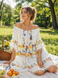 TDBOE Boho Off-Shoulder Embroidered Dress — White