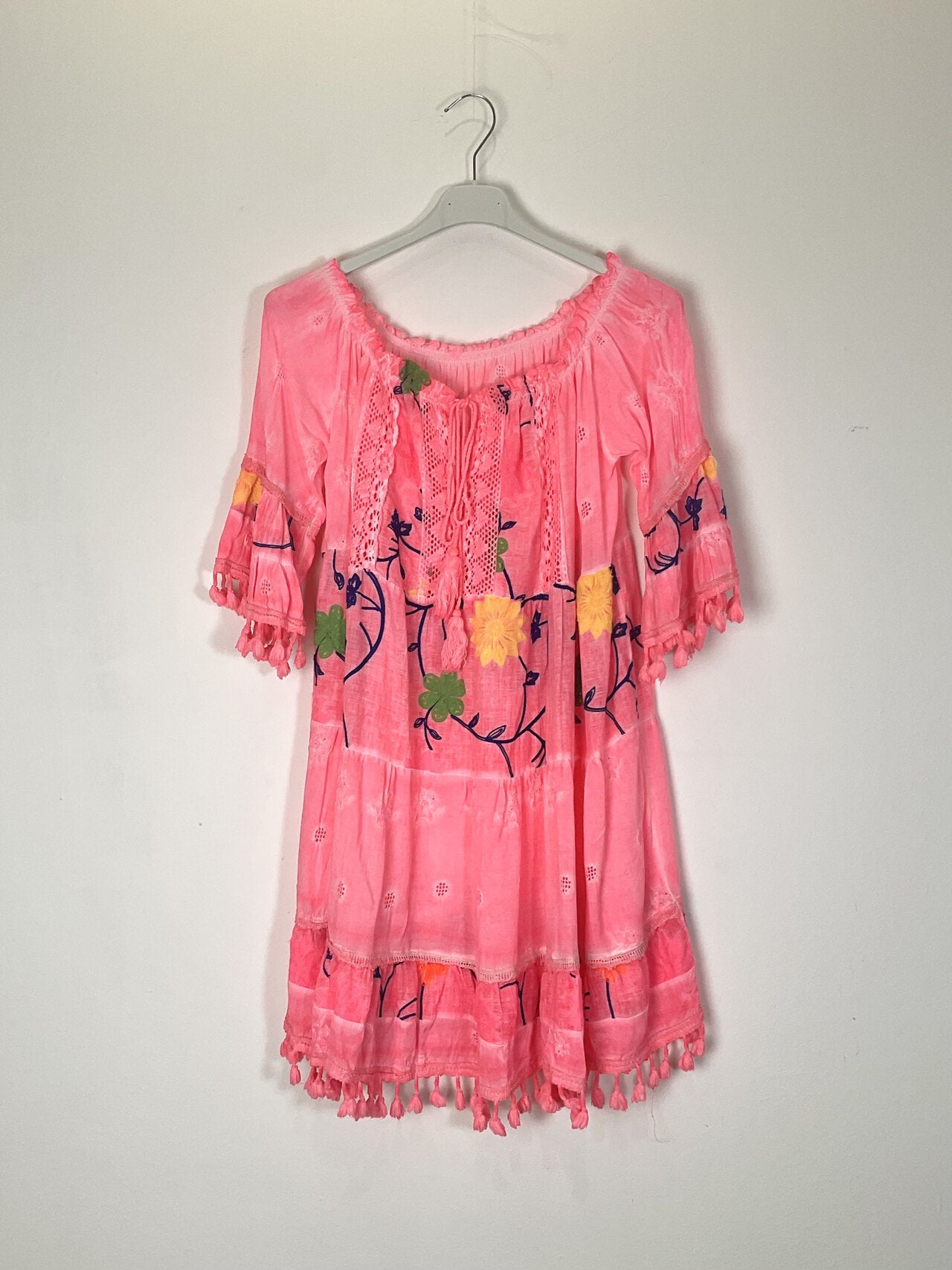 TDBOE Boho Off-Shoulder Embroidered Dress — Coral