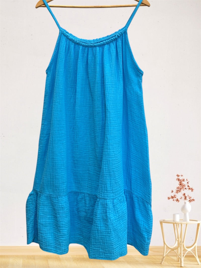 LSSGCCY Strappy Gauze Cotton Dress Cyan