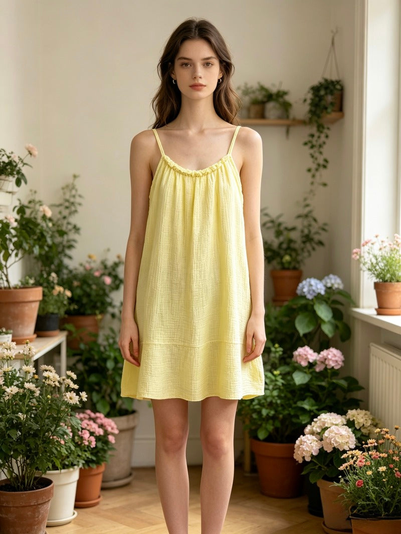 LSSGCYL Strappy Gauze Cotton Dress Yellow