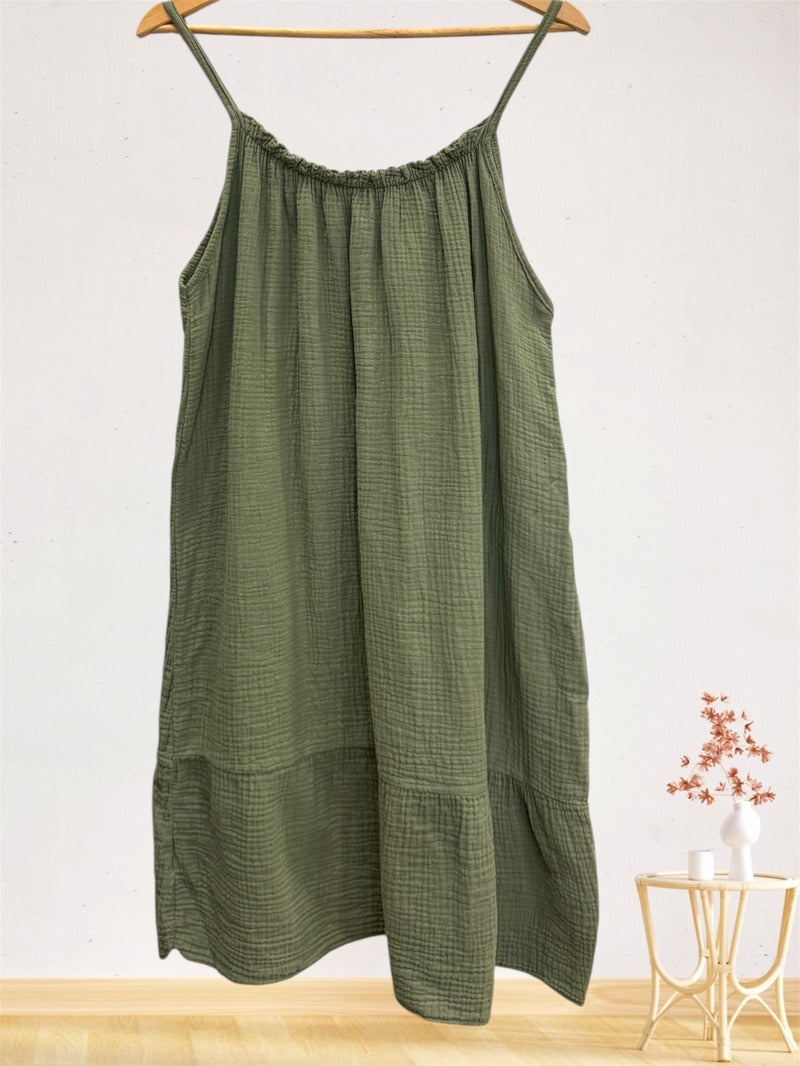 LSSGCKH Strappy Gauze Cotton Dress Khaki