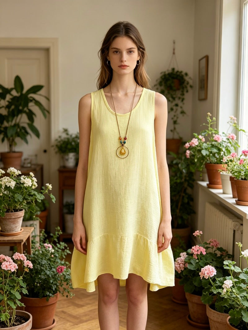 LSSNCYL Sleeveless Gauze Cotton Necklace Dress Yellow