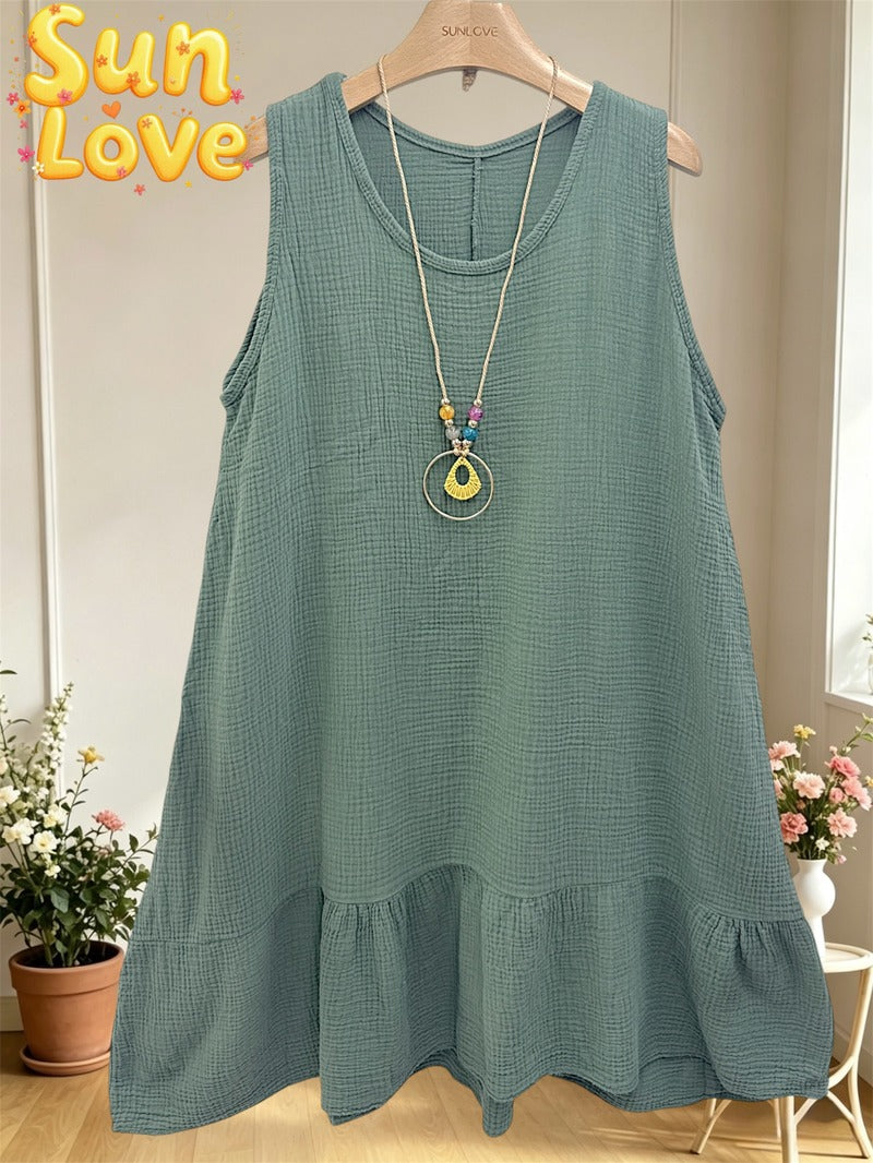 LSSNCKH Sleeveless Gauze Cotton Necklace Dress Khaki