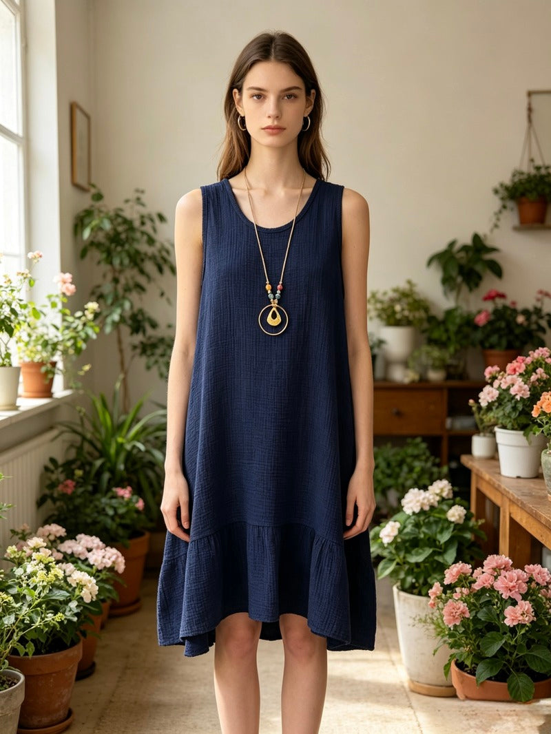 LSSNCNV Sleeveless Gauze Cotton Necklace Dress Navy