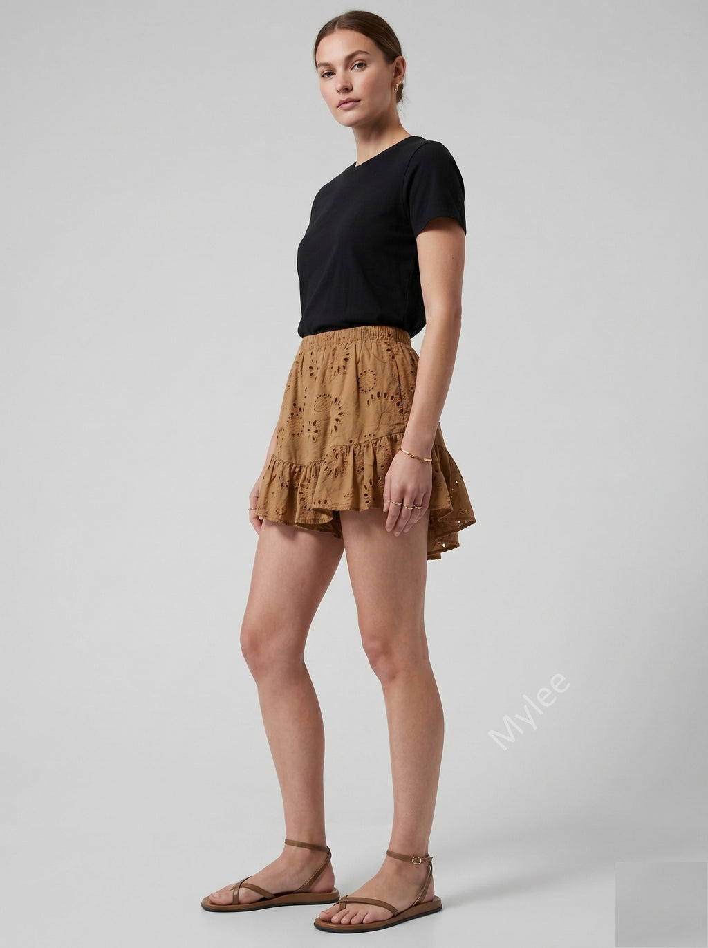 Embroidered Ruffle Culotte Shorts Camel