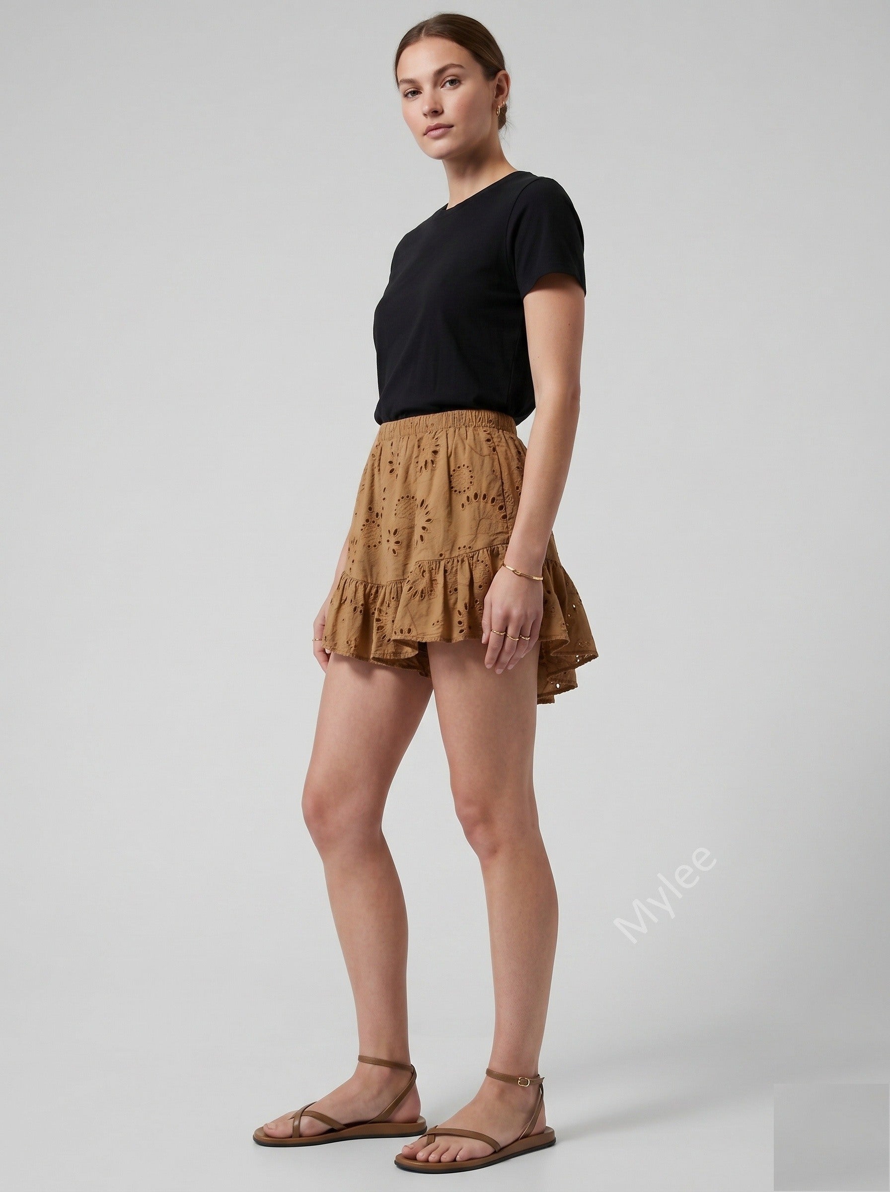 Embroidered Ruffle Culotte Shorts Camel