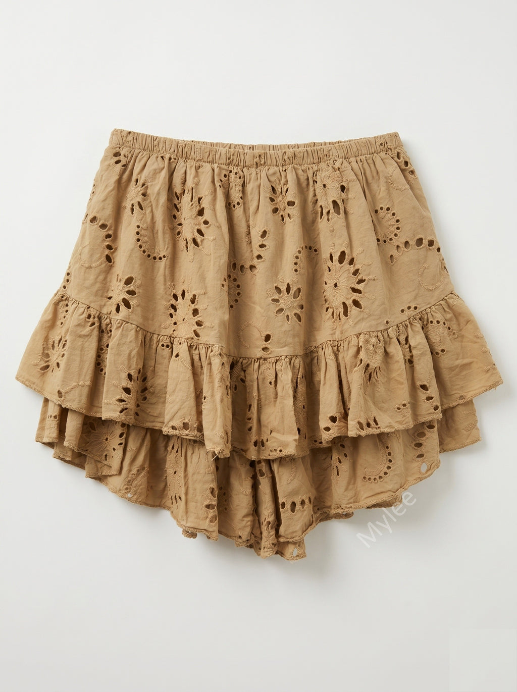 Embroidered Ruffle Culotte Shorts Camel