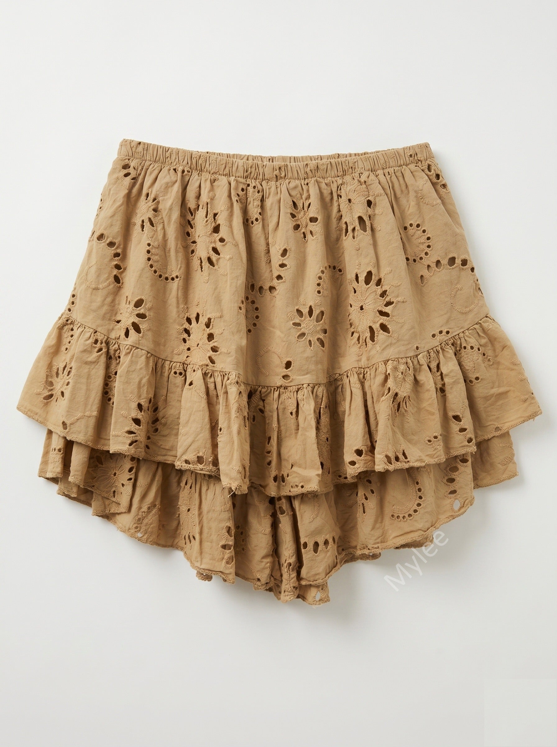 Embroidered Ruffle Culotte Shorts Camel