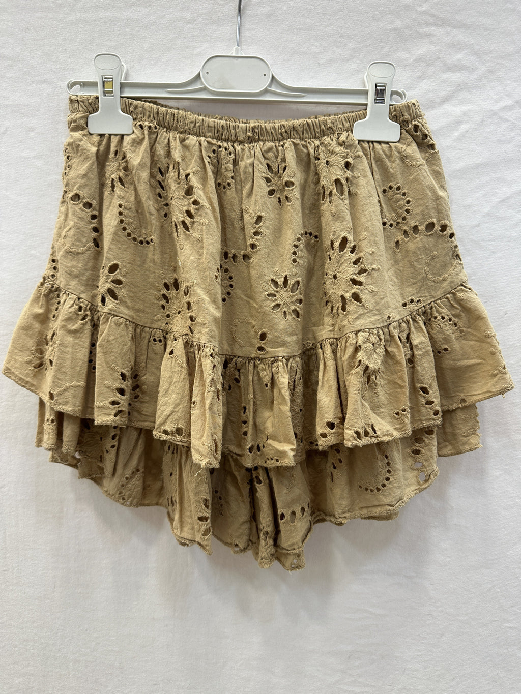 Embroidered Ruffle Culotte Shorts Camel
